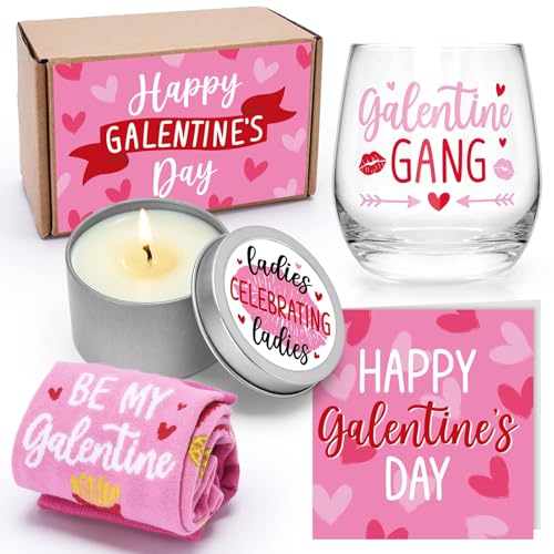 Galentines Day Gifts Valentines Day Gifts for Her Wine Glass Socks Rose Scented Candles 12 oz Greeting Card Ladies Celebrating Ladies BFF Present Birthday Idea for Women Friends Female Girls Sister