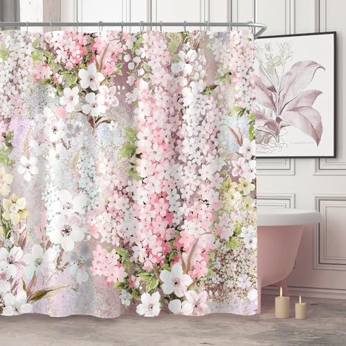 Blush Pink Floral Fabric Shower Curtains for Bathroom, 72x72