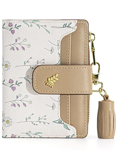 Stylifeo Small Wallet for Women Blocking Leather Bifold Floral Kahki Beige