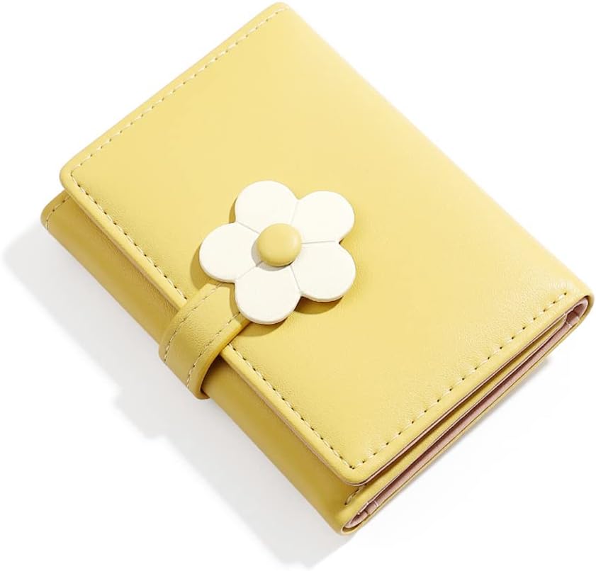 MEISEE Small Wallet for Girls Women Tri-folded Wallet Cash Pocket flowers Print Card Holder Coin Purse with ID Window elegant youthful and cute (2-yellow-2) image 3