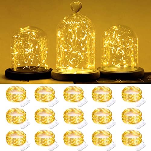 SmilingTown Fairy Lights Battery Operated 15 Pack 7.2ft 20 LED Starry Firefly Silver Wire String Lights for Wedding Christmas Halloween Party Jar Table Centerpiece Decoration (Warm White)