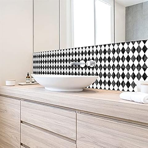 Tile Stickers,Diamond Black and White Lattice Tile Stickers, Living Room Kitchen Bathroom Background Waterproof Removable Tile Stickers 10 Pieces -15CM Cover