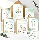 12er Kommunionkarten mit Umschlag Siegel-Aufklebern Set, Kommunionkarten Glückwunsch Erstkommunion Karte mit Eukalyptus Design, A6, Premium Motive Klappkarten Kommunion Jungen & Mädchen