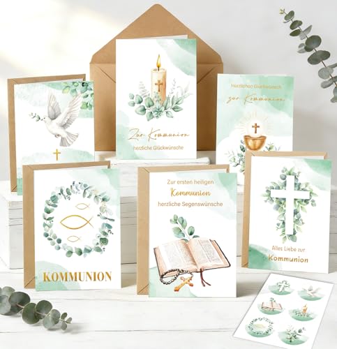 12er Kommunionkarten mit Umschlag Siegel-Aufklebern Set, Kommunionkarten Glückwunsch Erstkommunion Karte mit Eukalyptus Design, A6, Premium Motive Klappkarten Kommunion Jungen & Mädchen