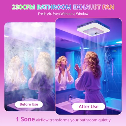 Ventilador de Extracción para Baño VallisCo con Altavoz Bluetooth, Luz RGB y Control Remoto, Ventilador Silencioso de Techo de 230 CFM, 3 Modos Dinámicos de Luz RGB, Iluminación Dimmable de 3000K–6000K, Luz Nocturna, Instalación Dual miniatura 2