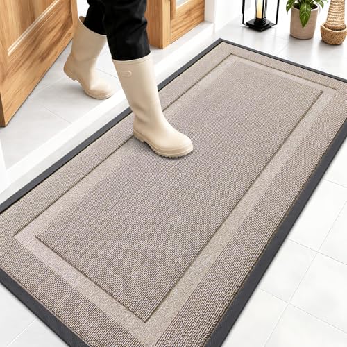 Image of OLANLY Front Door Mat Indoor Outdoor Entrance, Waterproof All-Season, All-Weather Doormat, Sturdy Natural Rubber, Low Profile, Easy Clean Patio Porch Entryway Mat, 47x23, Camel