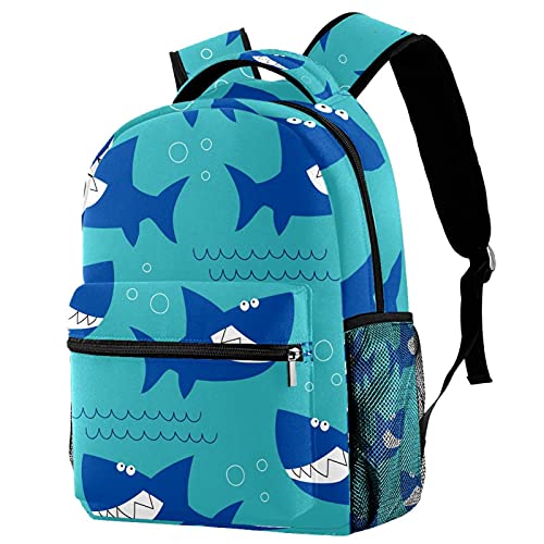 Mochila casual para adolescentes niños, dibujos animados azul tiburón animal lindo mar viaje portátil bolsa para adultos unisex, Multicolor 01,