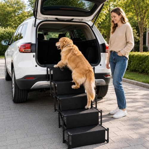 AJIEQAQ Hundetreppe klappbar bis 60 kg für Auto und SUV | Klappbare Einstiegshilfe für Hunde bis 60kg. Rutschfeste Stufen, gelenkschonend und perfekt für den SUV Kofferraum.