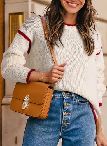 Women's Contrast Trim Tunic Sweater Fall Crew Neck Long Sleeve Chunky Knit Tops Casual Loose Fit Pullover Sweaters2