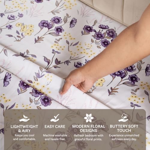 Image of Home Elegance from House of Mytrident | Linen Feel Bed Sheet for Double Bed King Size with Two Pillow Covers | Ultrasoft | Floral 274cm x 250cm | myTrident - Cedar Purple