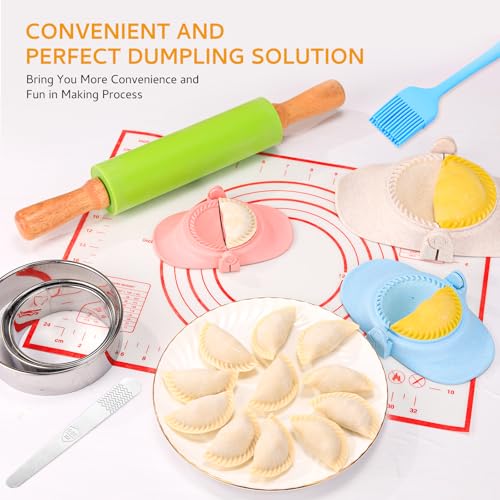 NAMUPIE Dumpling Making Kit 23 Piece, Empanada Maker Set, All in One Gyoza Maker Set with Rolling Pin, Press Molds, Ring Cutters, Mat, Sauce Dishes and More, Kitchen Accessories Fun Gift Set (Beige)