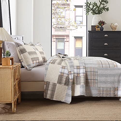 Image of PANGUSHAN Quilts Sets Queen Size,100% Cotton Queen Quilted Bedspreads Bedding Set,Patchwork Plaid Quilt for Queen Bed,Tan /Grey Farmhouse Rustic Bed Spread,Reversible Lightweight Comforter,3-Piece