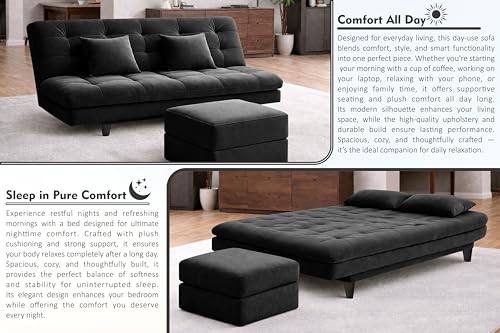 Image of Rosebell Modern Three-Seater Sofa Cum Bed - Foldable Velevt Fabric Sofa, Foam Seating, Stylish Design for Living Room, Guest Room & Office - Black Color