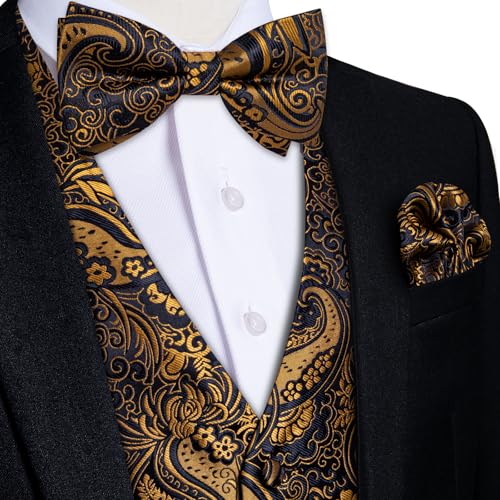Image of DiBanGu Mens Paisley Suit Waistcoat,Silk Dress Vest and Bowtie Pocket Square Cufflinks with Lapel Pin Set for Wedding Tuxedo