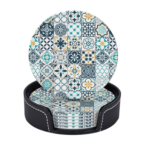 6 Pack Portuguese Tiles Coaster for Drinks with Holder, Spring Summer Waterproof Non-Slip Leather Coasters for Wooden Table Coffee Table Dinning Bar Decor, Round