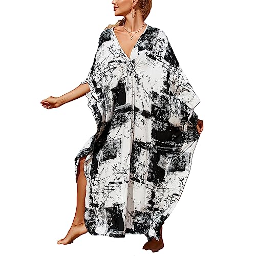 Image of sunforyou Kaftan Dresses for Women Plus Size Lightweight Swimsuit Cover up Batwing Sleeve Print Loungewear Beach Robe
