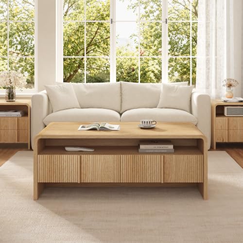Image of AMERLIFE Fluted Coffee Table with Storage & Rounded Edges