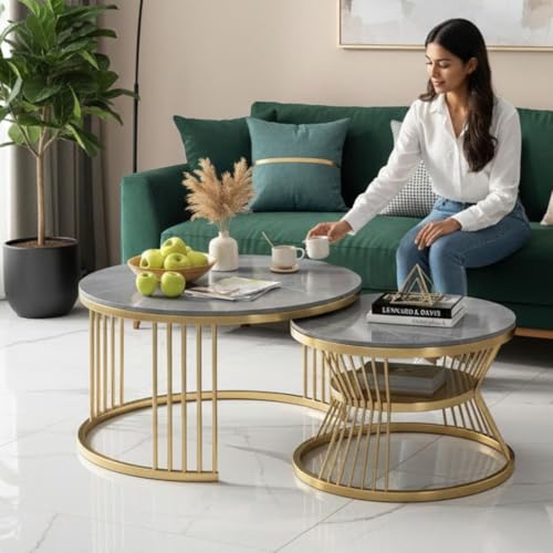 Image of Modern Nested Coffee Table Set of 2 | Round Marble Finish Tabletop with Metal Base | Luxury Center Table for Living Room, Lounge & Office (Grey Gold)