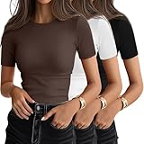 Picture of Ficerd 3 Pack Women's Ribbed T-Shirts, Cotton Short Sleeve Basic Tees Crew Neck Fitted Tops Summer Casual Shirts 2025 Trendy(Black, White, Brown,Large)