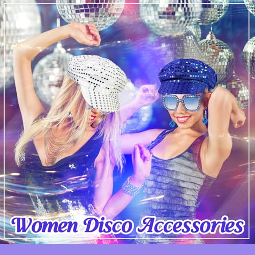Oerphh 70s Disco Hat Set, 3PCS Sequins Glitter Abba Hat with Bling Sunglasses Disco Earrings, Women Disco Accessories for Adult Dance Theme Party (Blue)