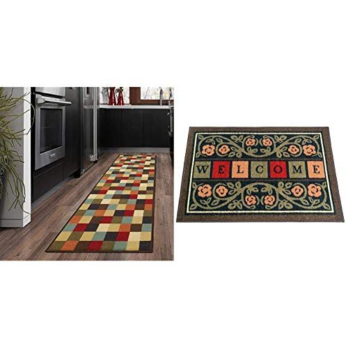 Ottomanson Ottohome Rug, Runner - 20" X 59", Checkered Multicolor & Ottohome Collection Non-Slip Rubberback Floral Border Design 20X30 Indoor/Outdoor Doormat, 20" X 30", Multicolor #TOP20