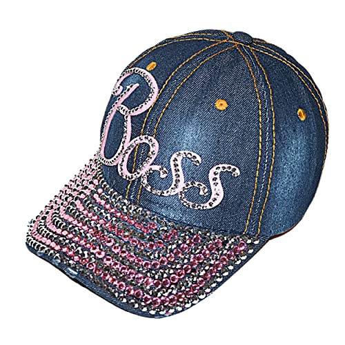 Popfizzy Rhinestone Boss Hat For Women, Bling Denim Baseball Cap With Words, Fancy Ballcap #TOP1