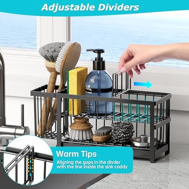 Sponge Holder for Kitchen Sink, 2 Tier Sink Caddy Organizer Countertop with Dish Brush Holder and 360¡ã Drain Tray, Rustproof Stainless Steel Dish Soap Storage Rack Set for Accessories