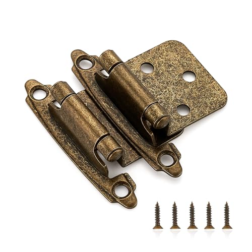 Image of Ravinte 50 Pack (25 Pairs) 1 /2 inch Overlay Cabinet Hinges, Self-Closing Semi-Concealed Face Mount, Antique Brass Decorative Hardware with Door Bumpers for Kitchen & Cupboard Doors