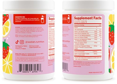 Image of Wellah Creatine + Electrolytes Powder (Strawberry Lemonade) 30 Servings - Hydration Drink Mix with 3g of Creatine Monohydrate