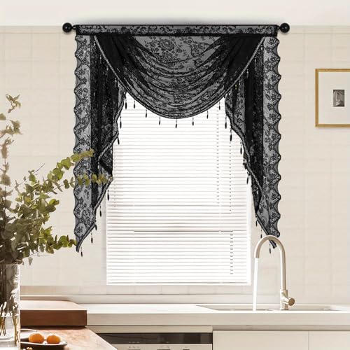 Huierxun Black Sheer Lace Waterfall Window Valance with Bead Tassels Floral Embroidered Valance Curtains Semi Sheer Rod Pocket Valance/Swags for Bedroom/Living Room/Kitchen/Basement(Black 39x41)