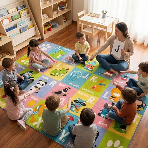 KC Cubs 8x10 ABC Alphabet Animal Rug – Educational Non-Slip Play Mat for Kids, Toddlers, Nursery, Classroom, Playroom, Baby Daycare, Boy & Girl Carpet