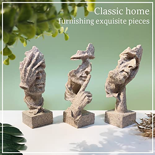 3 Pcs Thinker Statue, Silence Is Gold Abstract Art Figurine, No Hear No See No Speak Modern Home Resin Sculptures Decorative Objects Desktop Decor (Sandstone) #TOP2