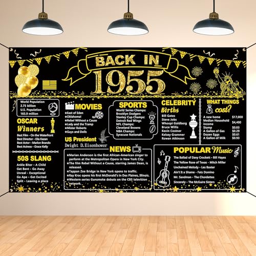 Image of DARUNAXY 71st Birthday Black Gold Party Decoration, Back in 1955 Banner 71 Year Old Birthday Party Poster Supplies Vintage 1955 Backdrop Photography Background for Men & Women 71st Class Reunion Decor