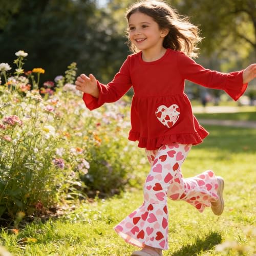 Image of Toddler Girl Clothes Ruffle Long Sleeve Heart Print Tops and Pants 2PC Little Girl Winter Outfits Size (4-7T)