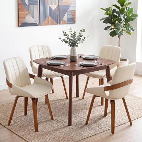 YOUUGIOR Mid Century Modern Faux Leather Upholstered Dining Chairs,Armless Accent Chairs with Sturdy Natural Wood Legs,Bamboo Backrest Support for Kitchen&Dining Room Chairs(Set of 4,Beige)
