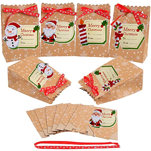 Evance 24 pcs Cajas Kraft Bolsas de Papel de Caramelo con 24 Etiquetas Navideñas para Decoración de Navidad Suministros (12 x 7 x 18.5cm)