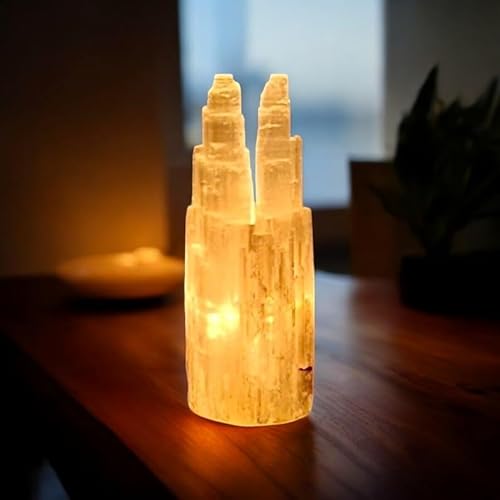 Pro Home Natural White Natural Selenite Lamp Healing Selenite Crystal Charging Mountain Tower Lamps For Meditation Spiritual Energy Decoration Or Gift (Twin Tower Lamp 25Cm)