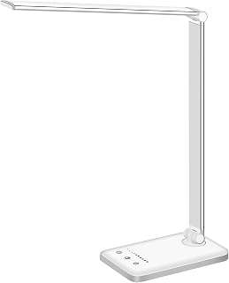 WhiteCrown LED Desk Lamp: Dimmable Reading Light with USB Port, 5 Modes, Touch Control & 30/60 Min Timer (White)
