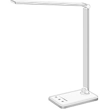 White crown LED Desk Lamp Dimmable Table Lamp Reading Lamp with USB Charging Port, 5 Lighting Modes, Sensitive Control, 30/60 Minutes Timer (White, First-Generation)