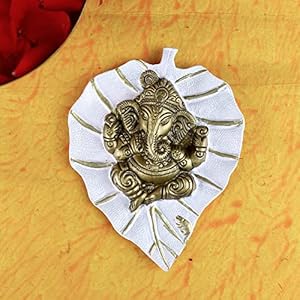 SATVIK Metal Pan Patta Ganesh Decorative Wall Hanging Showpiece Lord Ganesha on Leaf Home Decor. Indian Housewarming Return gift for bulk. Figurine pooja decoration item White