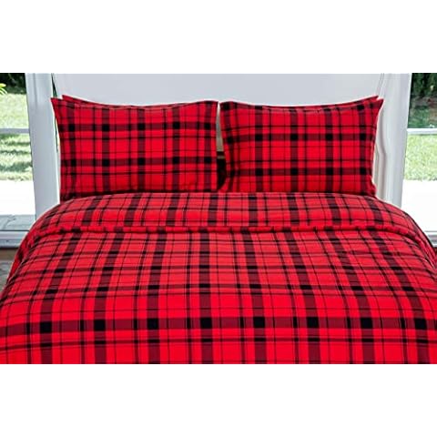 Marsala Home Christmas Bedding Brushed Cotton Kingsize Duvet Cover Check Flannelette Quilt Case Set (Red Plaid Kingsize) Cover