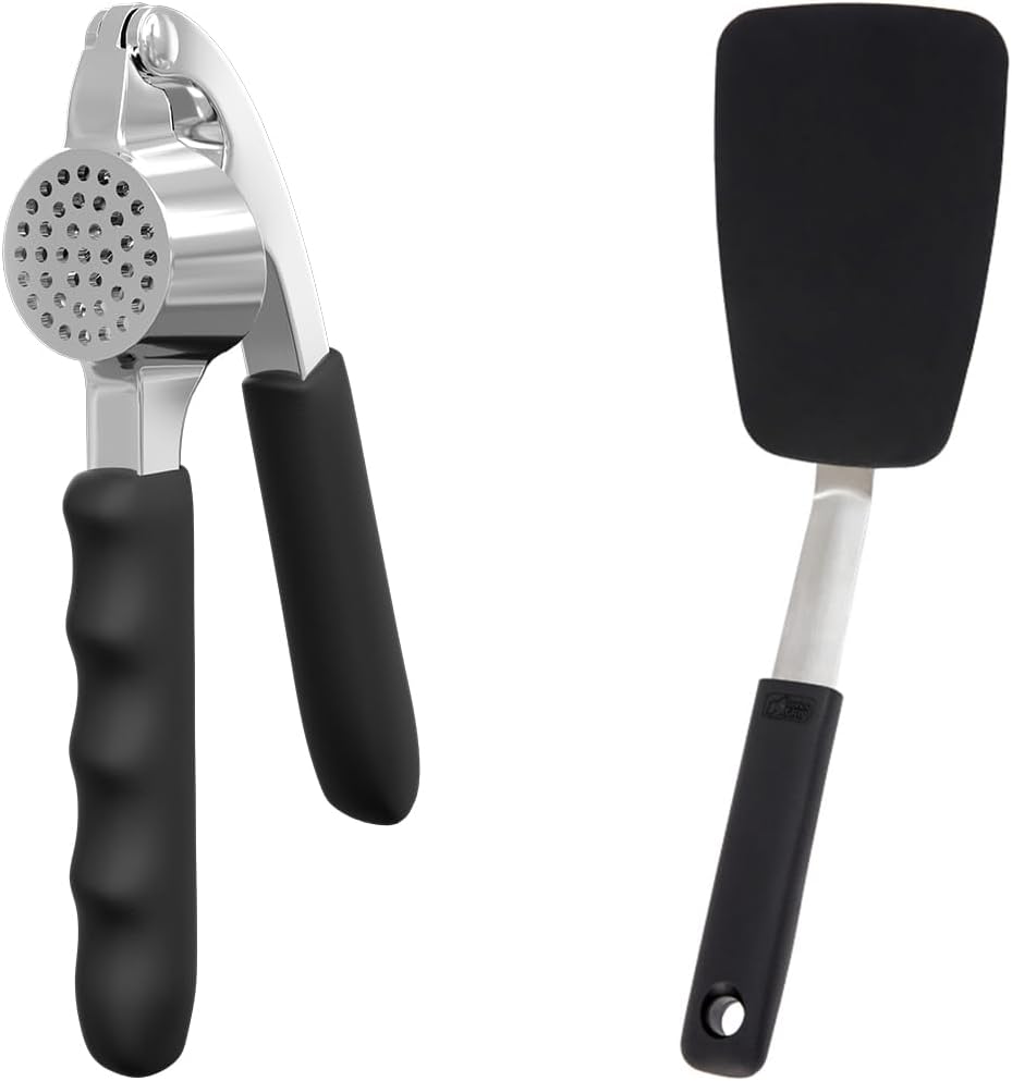 GORILLA GRIP Garlic Press, Black and Spatula, 11.6x3, Black Bundle
