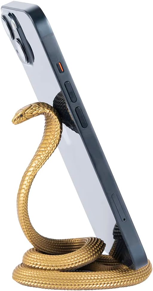 COPPERTIST.WU Cobra Phone Stand Brass Desk Decor – Handcrafted Snake Phone Holder for iPhone & Tablet, Artistic Desk Accessory Sculpture, Unique Gift for Men, Office & Home