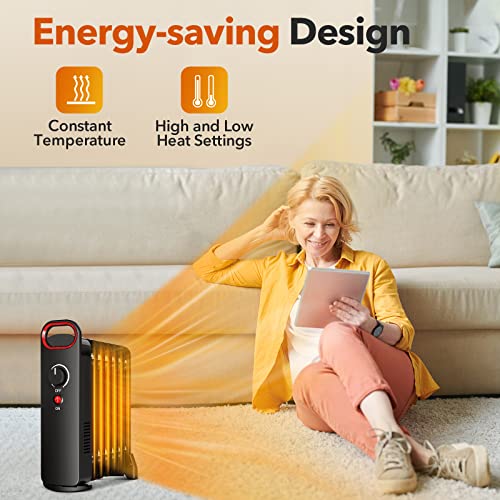 Oil Heater, 700W Fast Heating Oil Filled Radiator Heater With Auto Thermostat, Overheat Protection, Portable Space Heater With 2 Heat Settings, Quiet & Durable Oil Heater For Indoor, Office, Home #TOP2