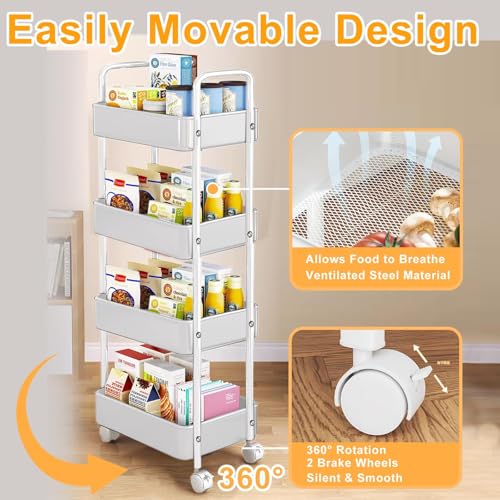 キッチンワゴン キャスター付き キッチンラック 【オール合金構造 】 スリム ワゴン 小物隙間収納 ペットボトルラック 冷蔵庫横 洗面所 収納 隙間ラック 3段 4段 スリムワゴン 細い棚 調味料棚 防錆 (白色4層) [3]