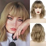 MISSQUEEN Short Curly Bob Wig With Bangs Wavy Synthetic Cosplay Bob Wig loose wave for women Costume