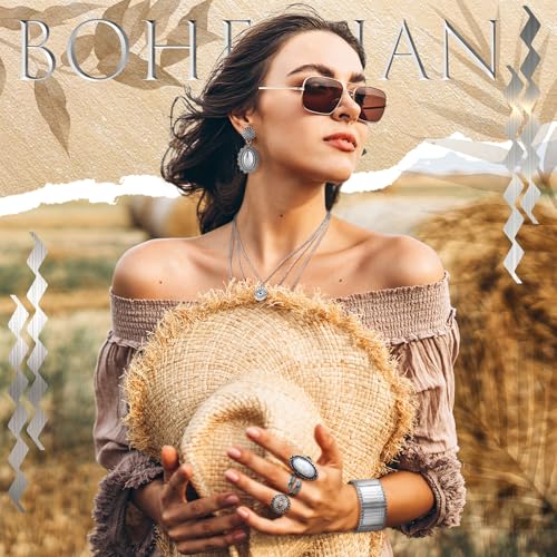 Image of Ecally Bohemian Western Jewelry Turquoise Set Women Country Pendant Long Choker Layered Bracelets Earrings Ring for Women