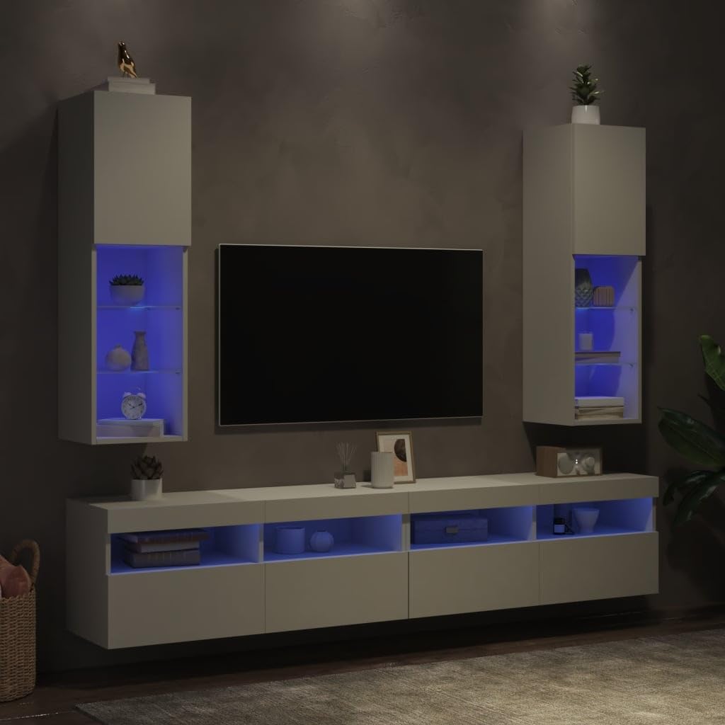 Szafki pod telewizor 2 sztuki z oświetleniem LED RGB, białe szafki TV 30,5x30x102 cm, meble telewizyjne z drewnopochodnego materiału do montażu na ścianie przestrzenią do