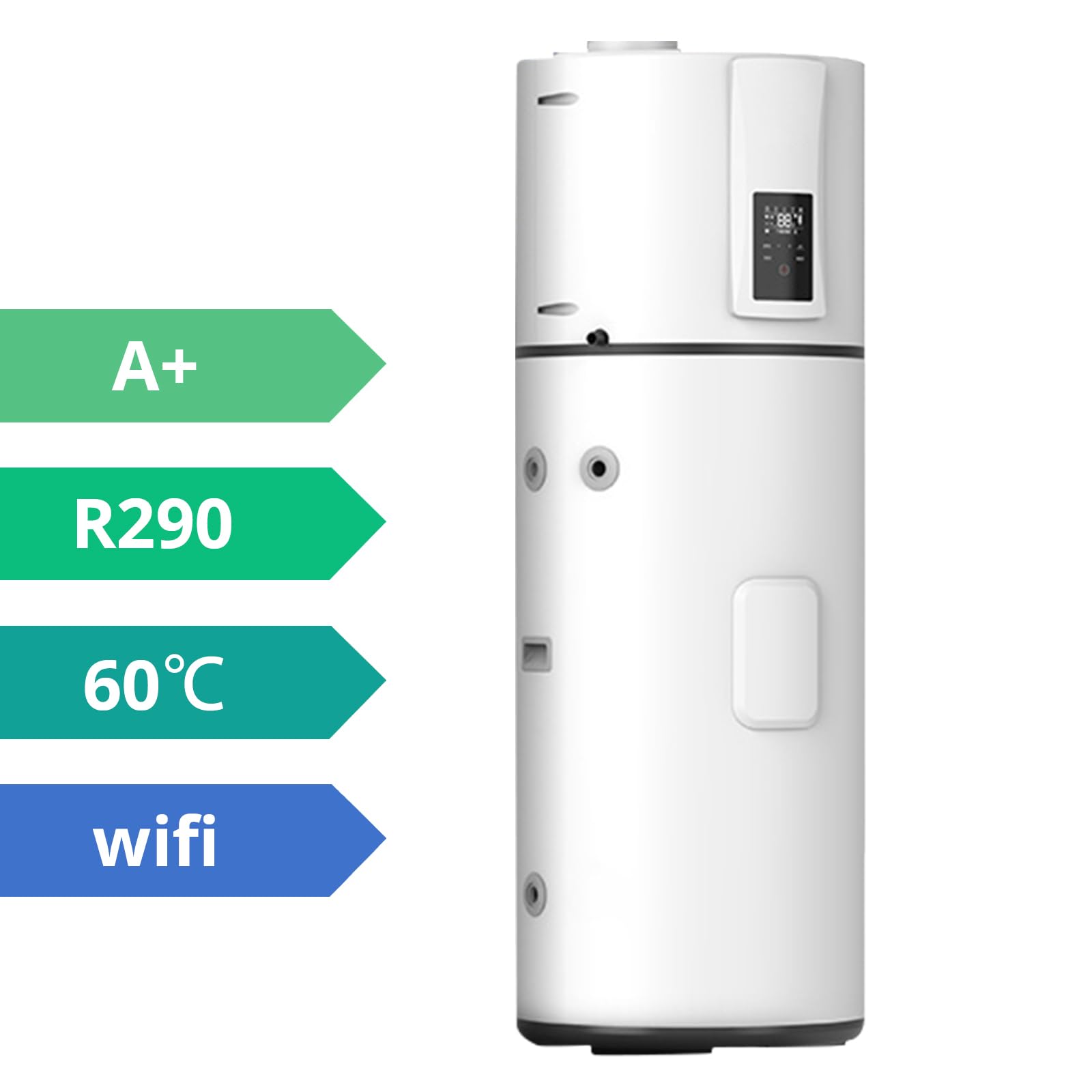 Pompa di calore verticale 240 L, R290 Pompa di calore ad aria per ville, alberghi, case vacanze, commerciali ed esterni, silenziosa 50 dB, riscaldamento rapido a 75 °C, WiFi, compatibile con solare