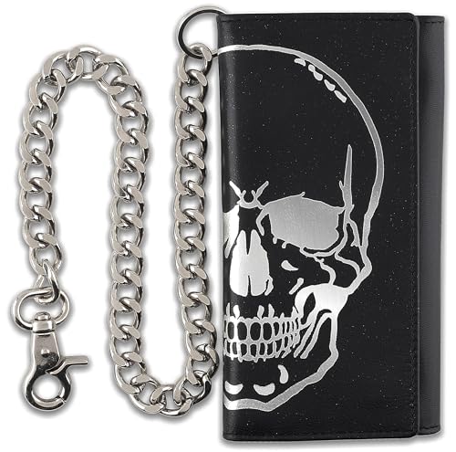 Image of F&L CLASSIC RFID Blocking Mens Tri-fold Long Style Leather Steel Chain Wallet,black skull,212-50